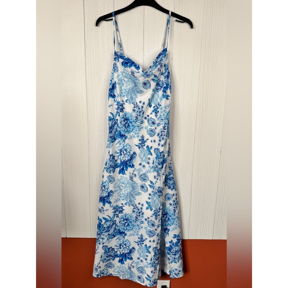 Petal & Pup Yelena Floral Print Slipdress Cowl Neck Blue & White